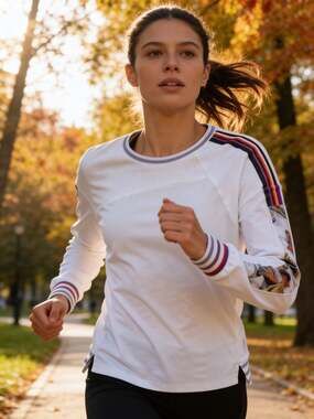 European Marc Cain Sports White Mesh-Paneled Long Sleeve Racer Stripe Athletic T